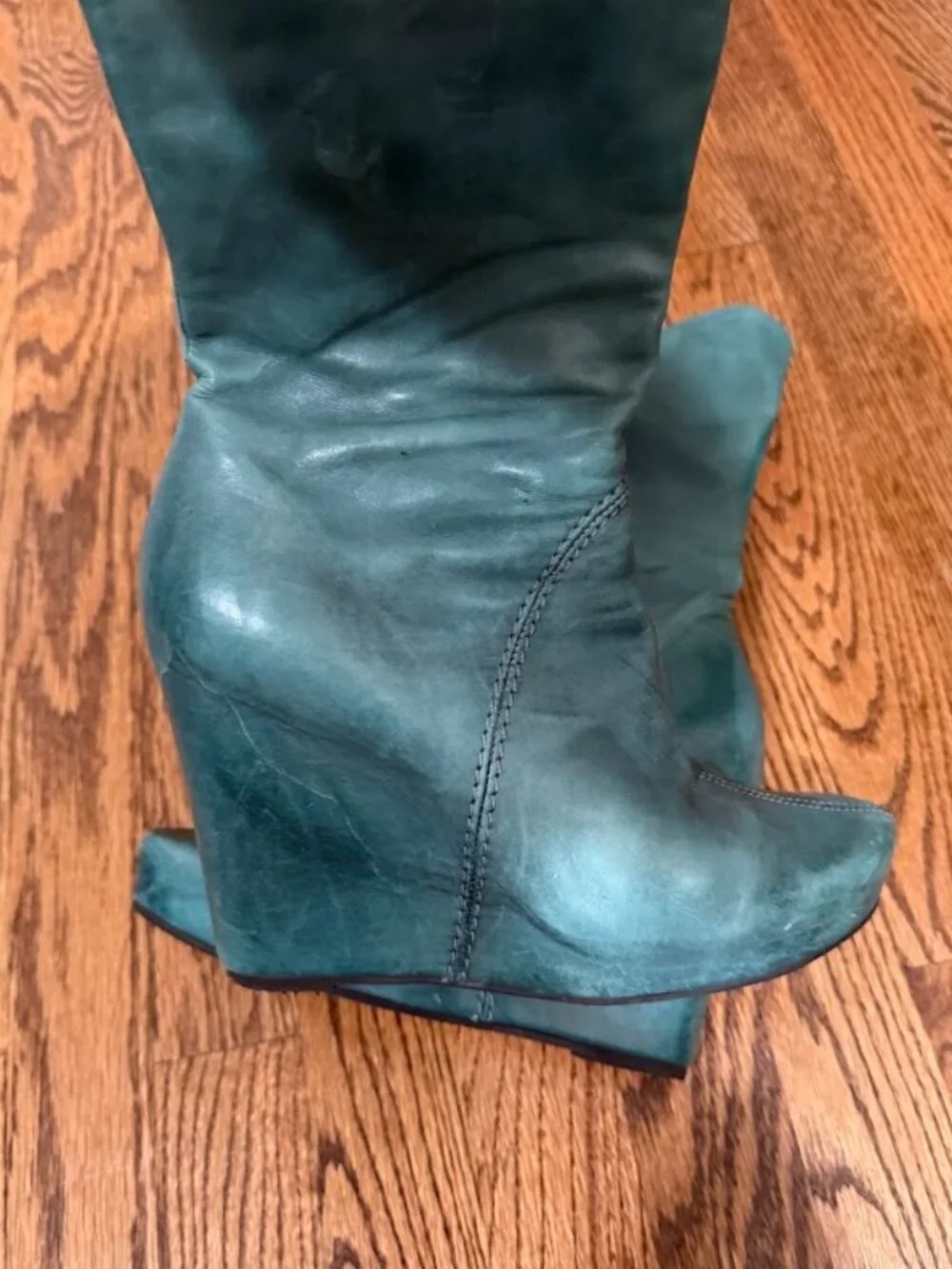 Venezia Teal Wedge Boots Side Zip Slouch Platform Leather EU 37